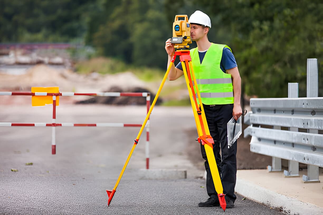 Surveyor operating a total station